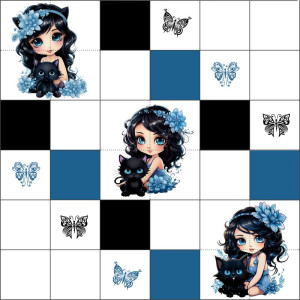 Cicák és lányok fekete, kék színben / nagy pálya / 12,5 cm mező